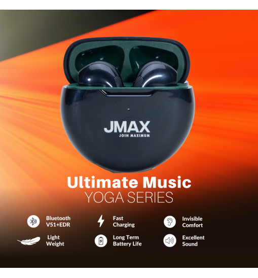 Jmax Yoga Series Black True Wireless Earbuds | 22H Playtime | Stable Bluetooth Connection Jmax Yoga Series Black True Wireless Earbuds | 22H Playtime | Stable Bluetooth Connection