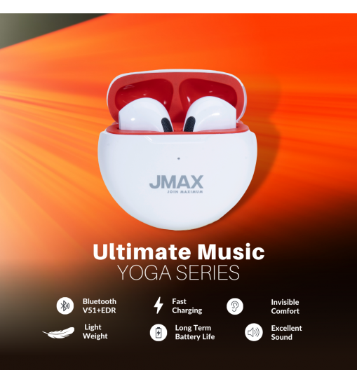 Jmax Yoga Series  (White-Red) Wireless Earbuds  | 22H Playtime| Stable Bluetooth Connection